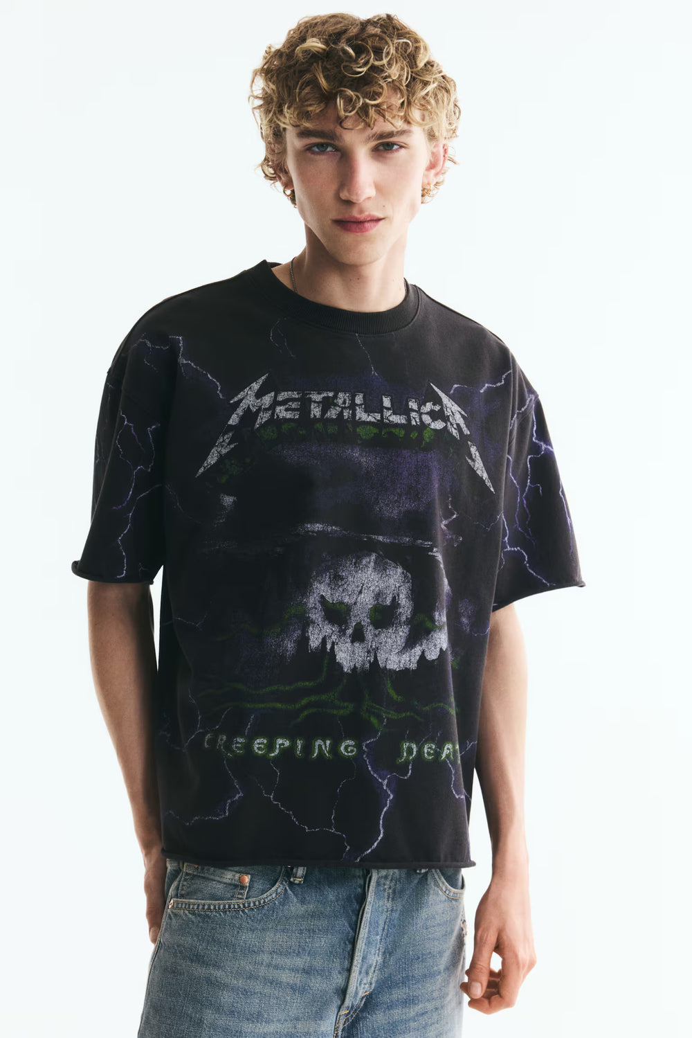 Oversized Printed Raw-Edge Cotton T-Shirt