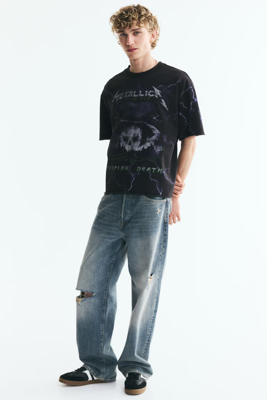 Oversized Printed Raw-Edge Cotton T-Shirt