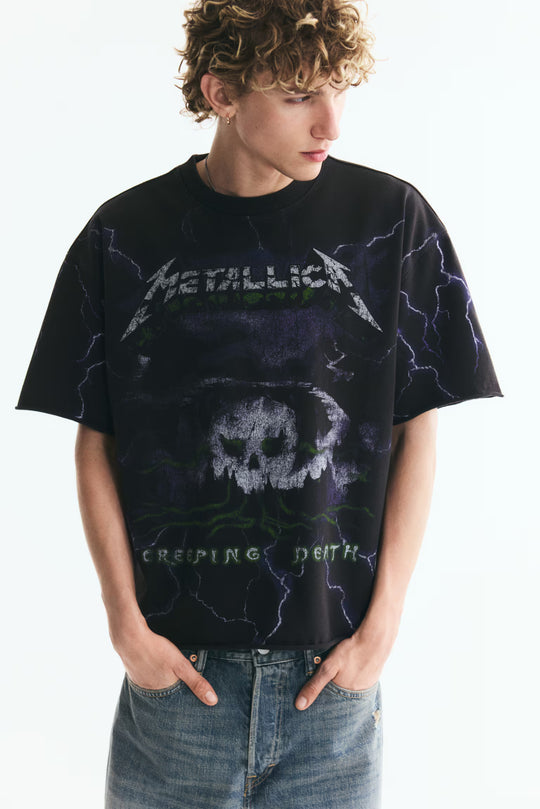 Oversized Printed Raw-Edge Cotton T-Shirt