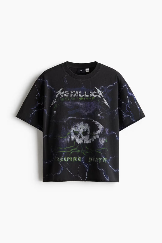 Oversized Printed Raw-Edge Cotton T-Shirt
